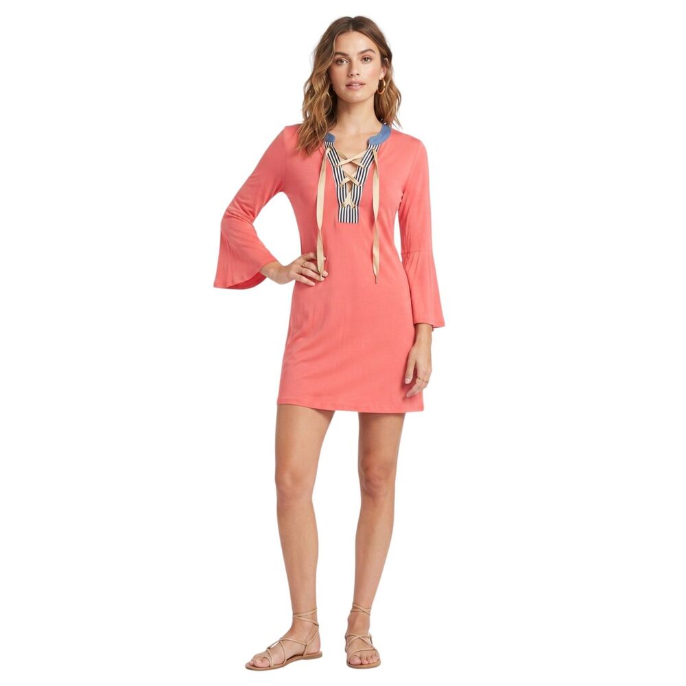 Umgee Bell Sleeve Lace V-Neck Shift Dress Medium